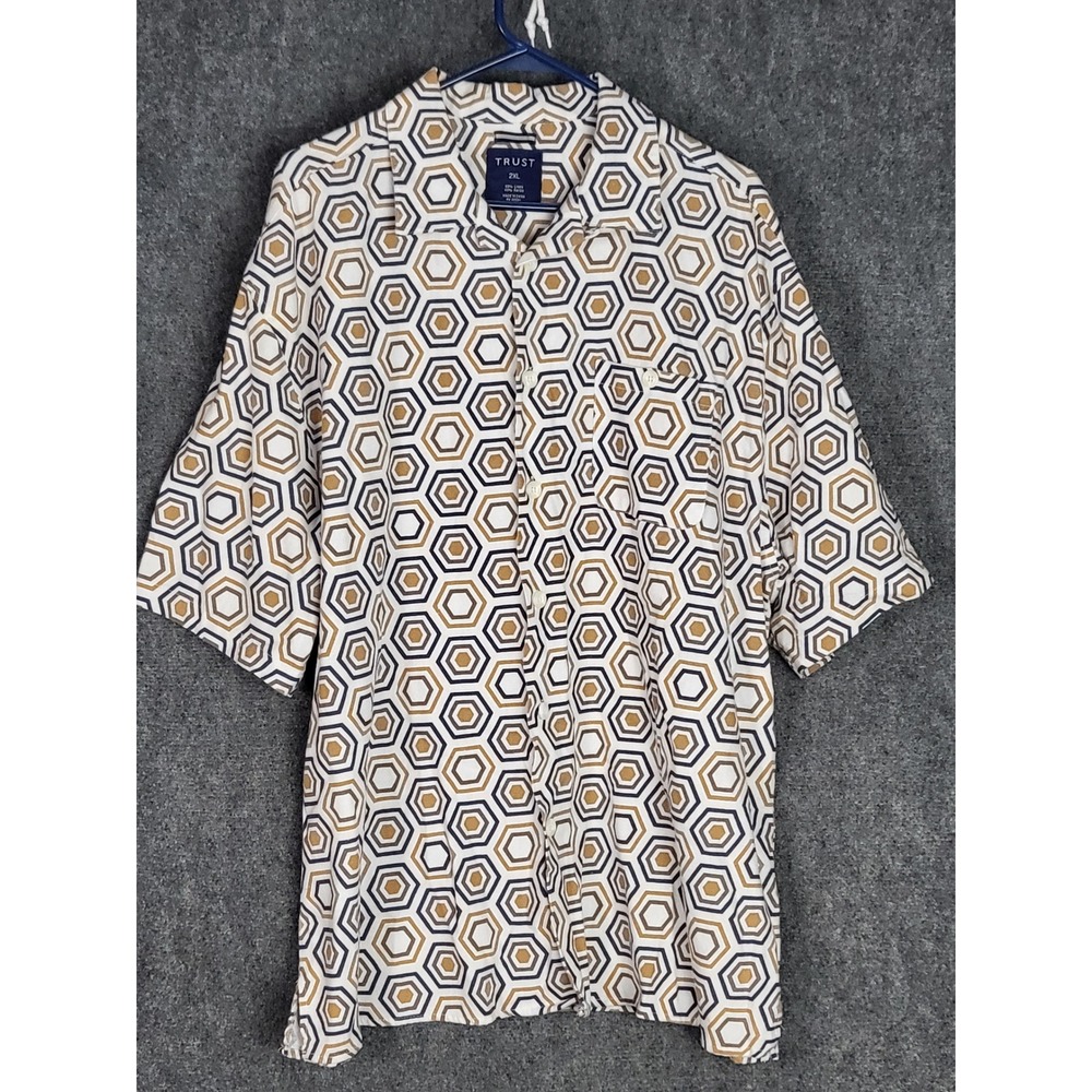 TRUST‎ Mens 2XL Short Sleeve Button Up Shirt Geometric Linen Blend Casual Travel